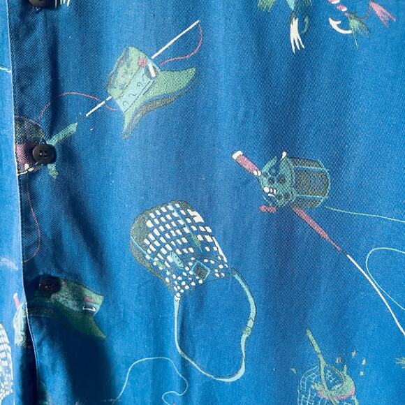 Vintage Gap Fishing Print Button Down Mens Shirt Size Large Rod Reel Tackle Lrg - Picture 3 of 14